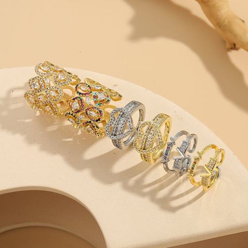 Elegant Luxurious Letter Water Droplets Heart Shape Copper Plating Inlay Zircon 14K Gold Plated Open Rings