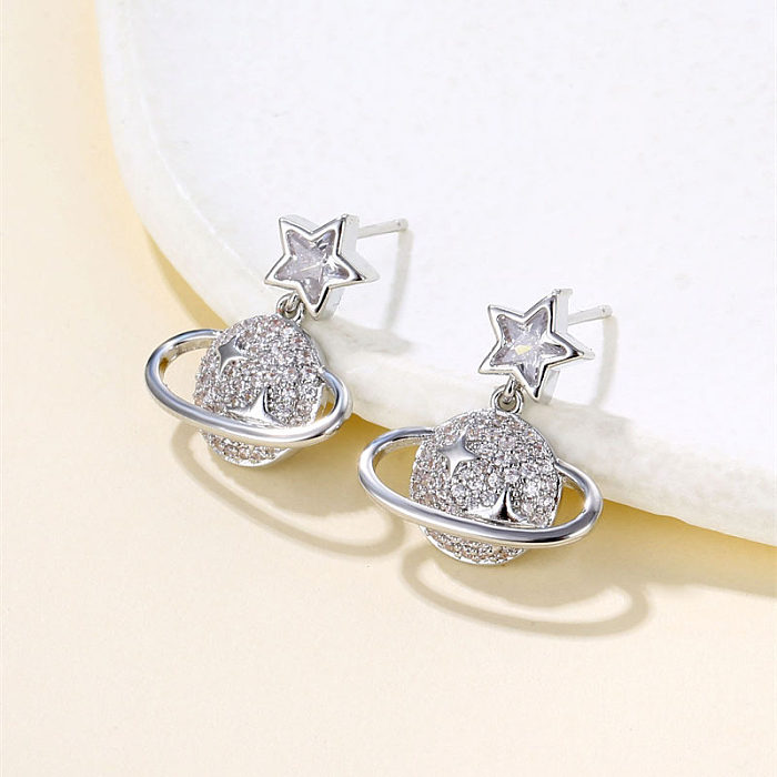 1 Pair Simple Style Round Snowflake Inlay Copper Zircon Drop Earrings