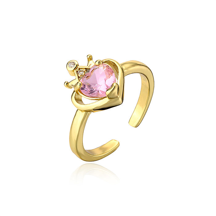 Personality Crown Love Zircon Ring Copper Plated Gold Opening Adjustable Ring
