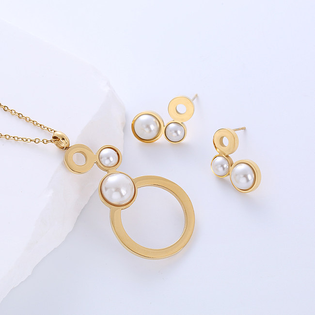 Luxuriöse Ohrringe im schlichten Stil mit runder Edelstahl-Beschichtung und künstlichen Perlen, 18 Karat vergoldet