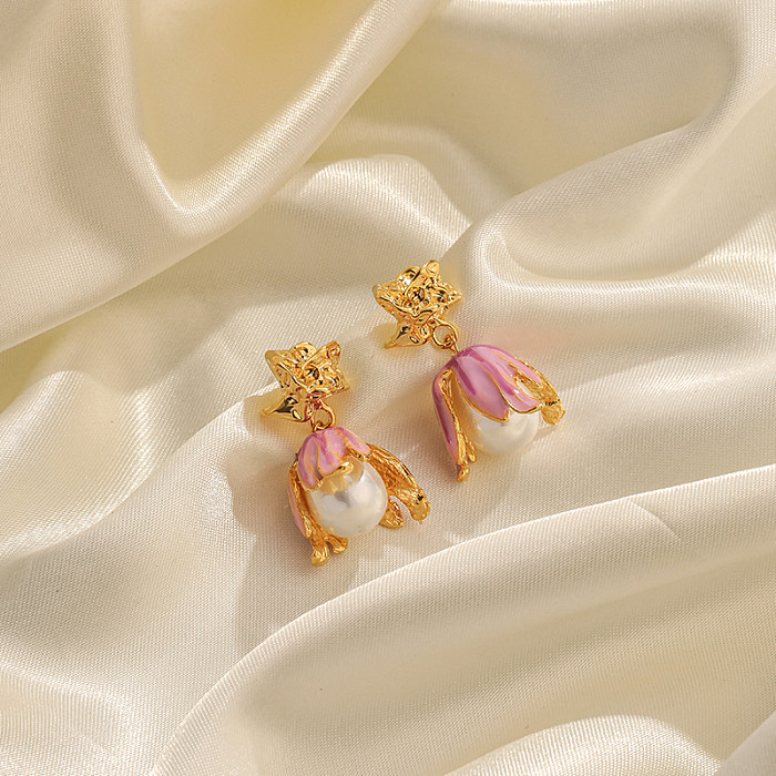 1 Pair Vacation Sweet Flower Enamel Plating Inlay Copper Artificial Pearls 18K Gold Plated Drop Earrings