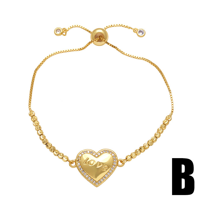 1 Piece INS Style Heart Shape Copper Plating Inlay Zircon 18K Gold Plated Bracelets