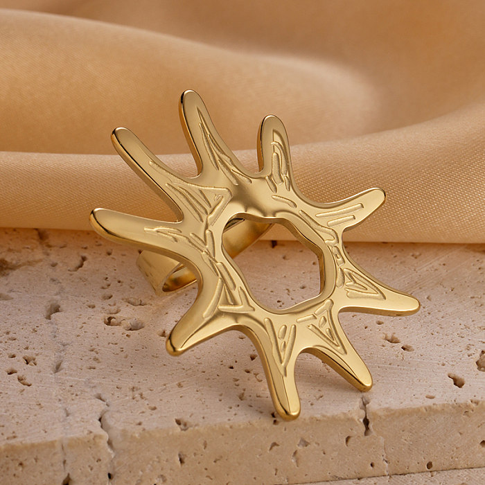 Exagerado estilo moderno pastoral pentagrama flor chapeamento de aço inoxidável incrustação zircão anéis banhados a ouro