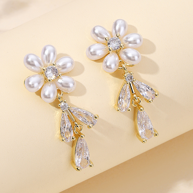 1 Pair IG Style Shiny Water Droplets Flower Plating Inlay Copper Artificial Pearls Zircon 18K Gold Plated Drop Earrings