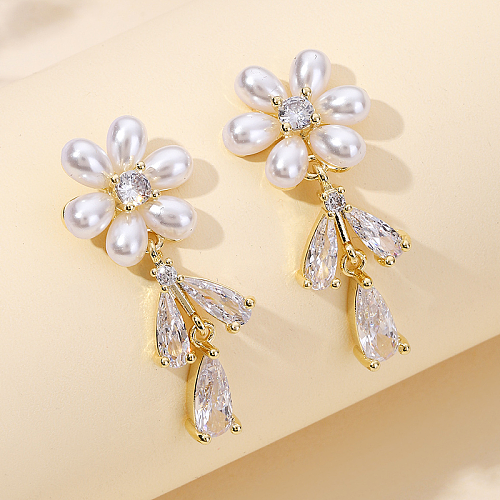 1 Pair IG Style Shiny Water Droplets Flower Plating Inlay Copper Artificial Pearls Zircon 18K Gold Plated Drop Earrings