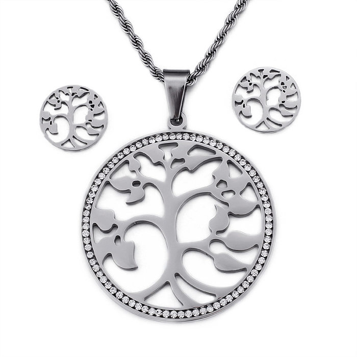 Einfacher Baum des Lebens hohles Edelstahl-Halsketten-Ohrring-Set Großhandelsschmuck