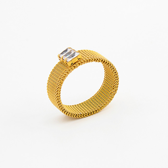IG Style أسلوب بسيط مستطيل طلاء الفولاذ المقاوم للصدأ مرصع بالزركون حلقات مطلية بالذهب عيار 18 قيراط