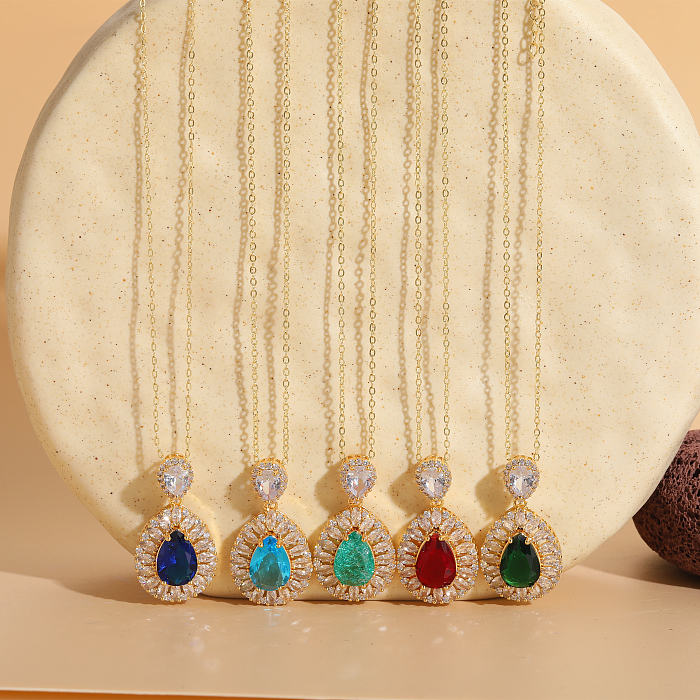 Collier pendentif élégant et luxueux de Style classique, gouttelettes d'eau, incrustation de cuivre, Zircon plaqué or 14 carats