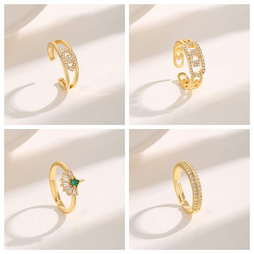Modern Style Commute Eye Ginkgo Leaf Copper Plating Hollow Out Inlay Zircon 18K Gold Plated Open Rings