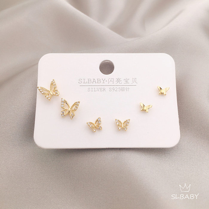 1 Set Sweet Heart Shape Flower Butterfly Copper Enamel Plating Inlay Zircon 14K Gold Plated Ear Studs