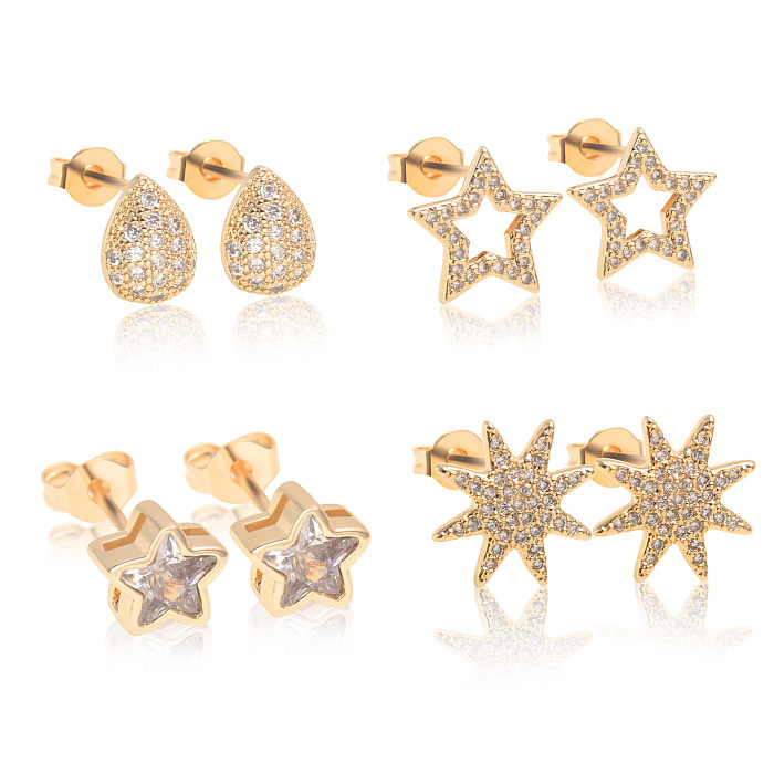1 Pair Simple Style Star Moon Plating Inlay Copper Zircon Gold Plated Ear Studs