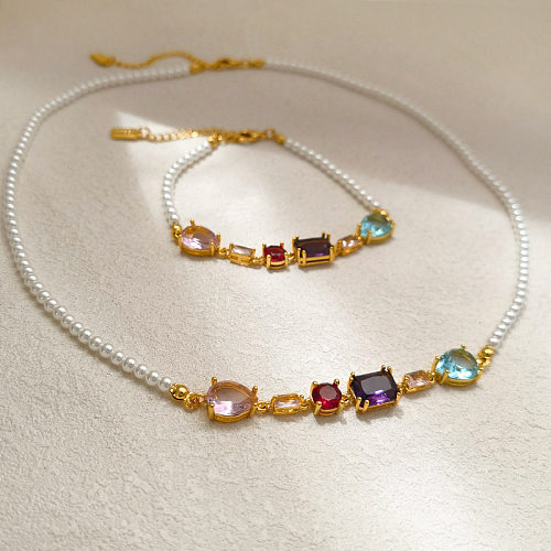 Damen-Armband-Halskette aus einfarbigem Kupfer mit unregelmäßiger Einlage und Zirkon