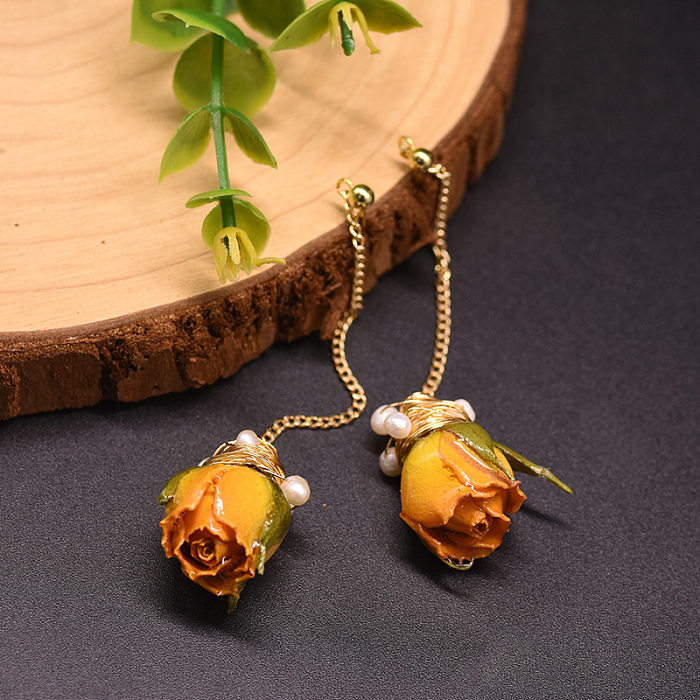 1 Pair Sweet Flower Plating Freshwater Pearl Copper 18K Gold Plated Drop Earrings