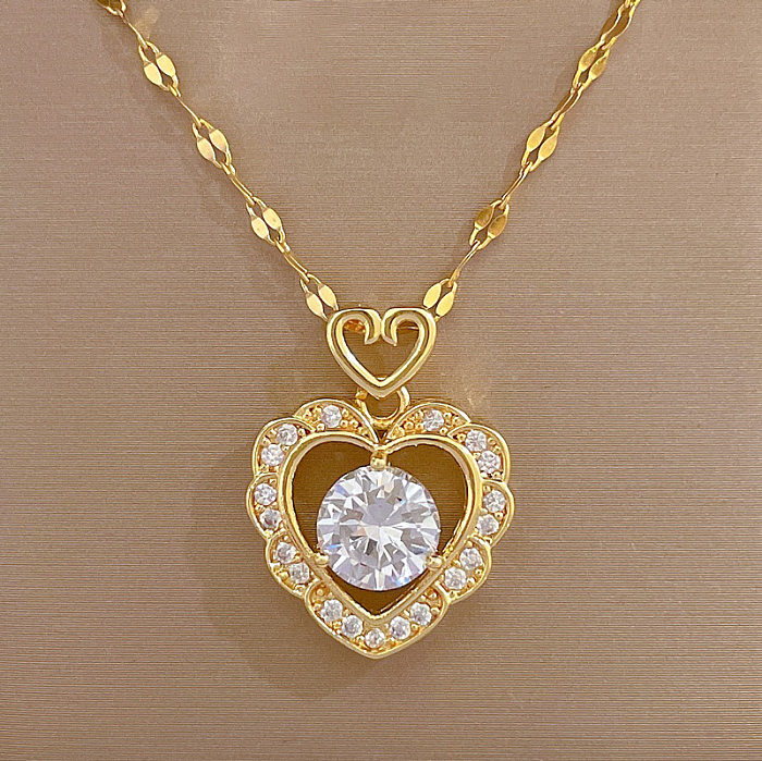 Elegant Streetwear Heart Shape Stainless Steel Copper Inlay Zircon Pendant Necklace