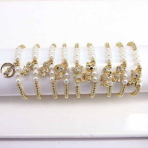 Cute Bear Copper Bracelets Inlaid Zircon Artificial Pearls Copper Bracelets 1 Piece