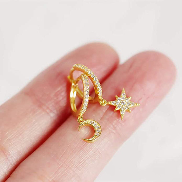 1 Pair Shiny Star Moon Inlay Copper Zircon Drop Earrings