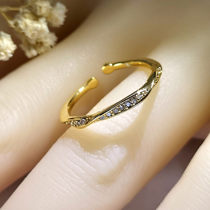 Simple Style Shiny Irregular Solid Color Copper Plating Inlay Zircon Gold Plated Open Ring
