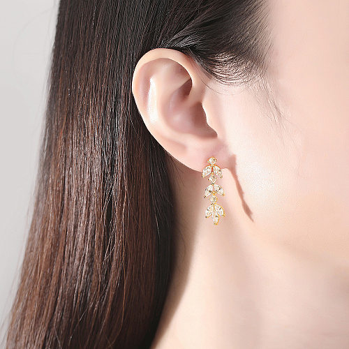 1 paire de boucles d'oreilles pendantes en cuivre et Zircon, Style japonais, placage de feuilles, incrustation de feuilles