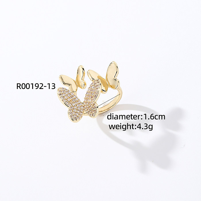IG Style Simple Style Leaf Flower Butterfly Copper Inlay Zircon Open Rings