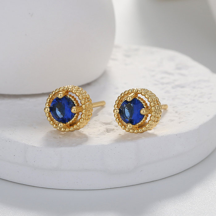 Elegant Round Brass Gold Plated Zircon Ear Studs 1 Pair
