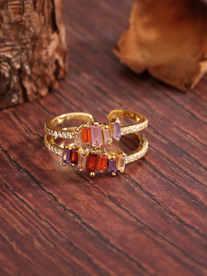 Luxurious Sweet Rectangle Copper Plating Inlay Zircon 18K Gold Plated Open Rings