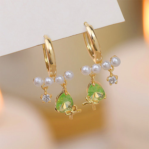 1 Paar elegante, schlichte Wassertropfen-Ohrringe mit Schleife und Knoten-Beschichtung, Kupfer-Perlen-Zirkon-Ohrringe, 14 Karat vergoldet