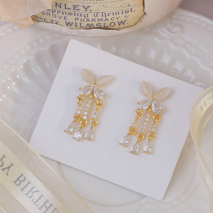 1 Pair IG Style Elegant Water Droplets Butterfly Plating Inlay Copper Opal Zircon 14K Gold Plated Drop Earrings