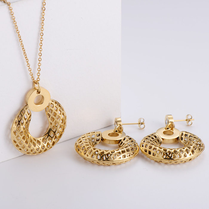 Hollow Round Tag OL Style Necklace Earrings Three-piece Wholesale jewelry