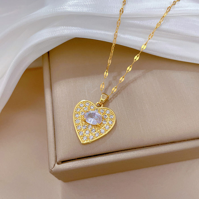 Sweet Artistic Heart Shape Titanium Steel Copper Artificial Gemstones Pendant Necklace In Bulk
