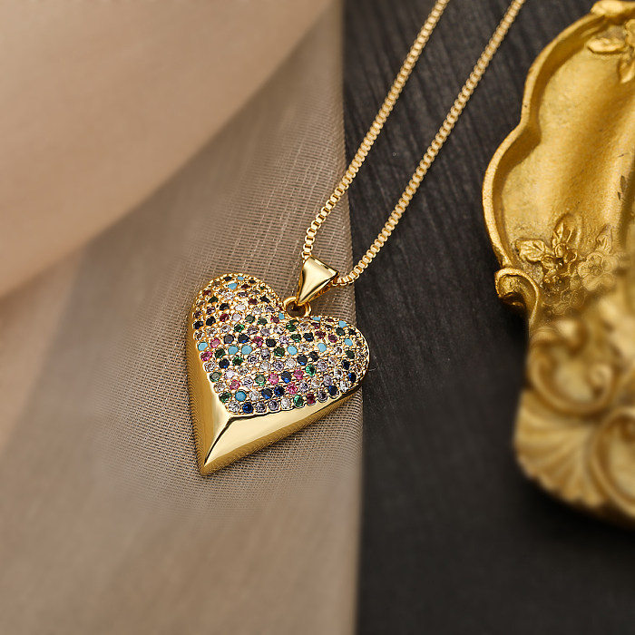 Simple Style Commute Heart Shape Copper Plating Inlay Zircon 18K Gold Plated Pendant Necklace