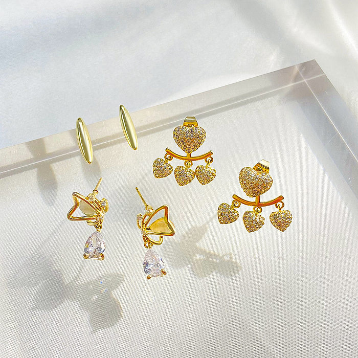 Sweet Heart Shape Butterfly Copper Ear Studs Tassel Inlay Pearl Zircon Copper Earrings 1 Pair
