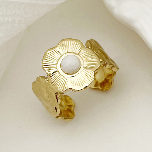 Offener Ring mit Retro-Blume, Edelstahl-Beschichtung, Inlay, Naturstein, 1 Stück