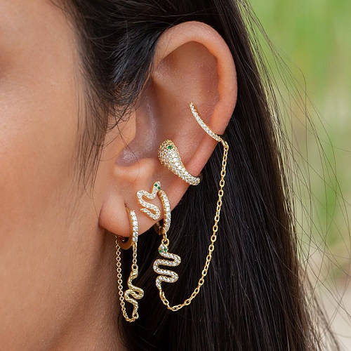 1 paire de manchettes d'oreilles plaquées serpent de Style classique, incrustation de cuivre et de Zircon plaqué or blanc