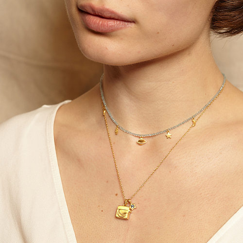 Elegant Lady Star Moon Lock Copper Gold Plated Zircon Pendant Necklace In Bulk