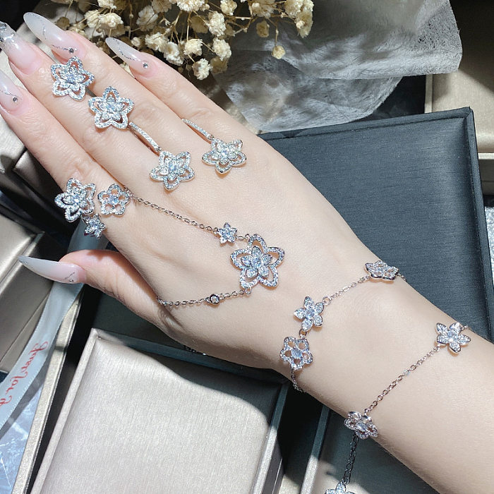 [Seiko Micro-Inlaid] Double Flower Flower Rhinestone-Embedded Suit Female European And American Entry Lux Clavicle Chain Super Fairy Bright Necklace Ring