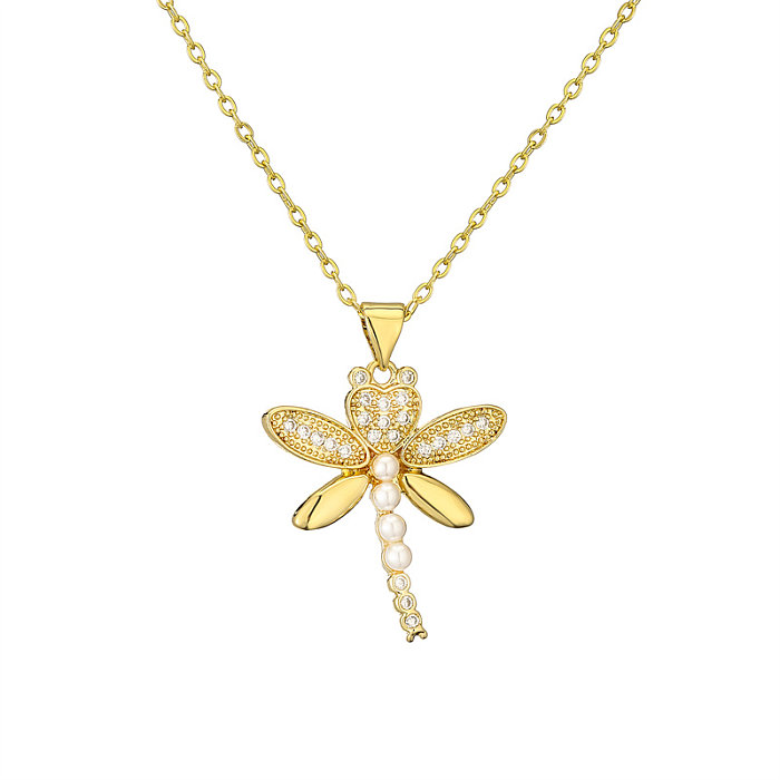 IG Style Casual Heart Shape Pineapple Dragonfly Copper Plating Hollow Out Inlay Pearl Zircon Gold Plated Pendant Necklace
