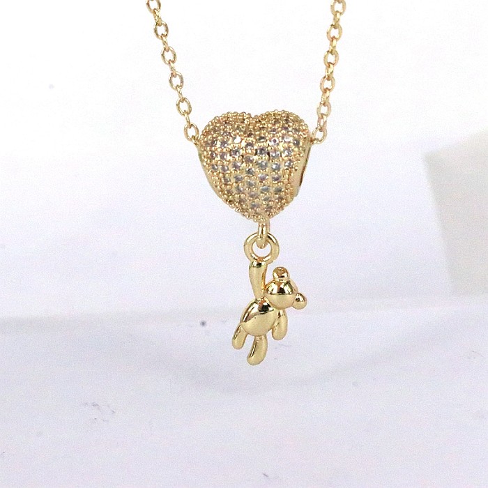 Simple Style Little Bear Heart Shape Copper Plating Inlay Zircon Pendant Necklace