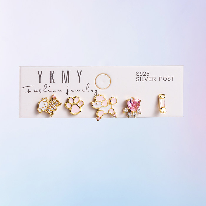 Yakemiyou Cute Paw Print Heart Shape Snake Copper Asymmetrical Enamel Zircon 14K Gold Plated Ear Studs