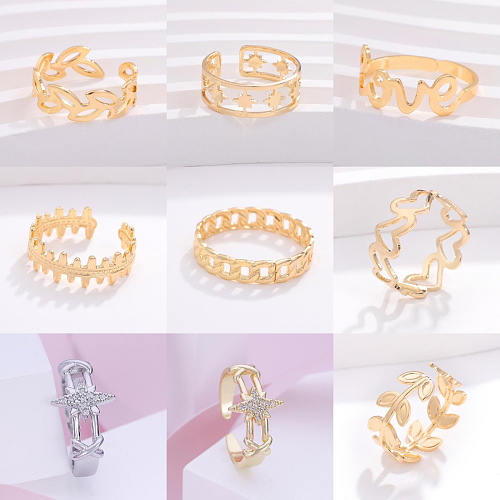 Vintage Style Simple Style Cool Style Star Leaves Solid Color Copper Plating Hollow Out Inlay Zircon Open Rings Rings