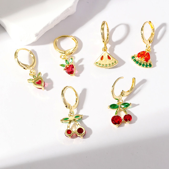 3 Pairs Sweet Fruit Plating Inlay Copper Zircon Gold Plated Drop Earrings