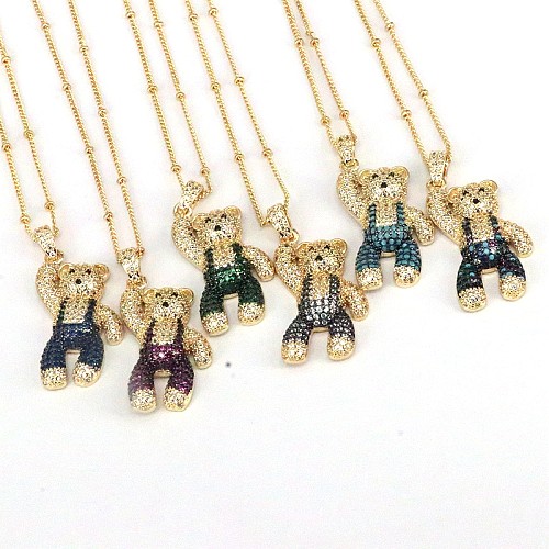 Casual Hip-Hop Little Bear Copper Plating Inlay Copper Zircon Gold Plated Pendant Necklace