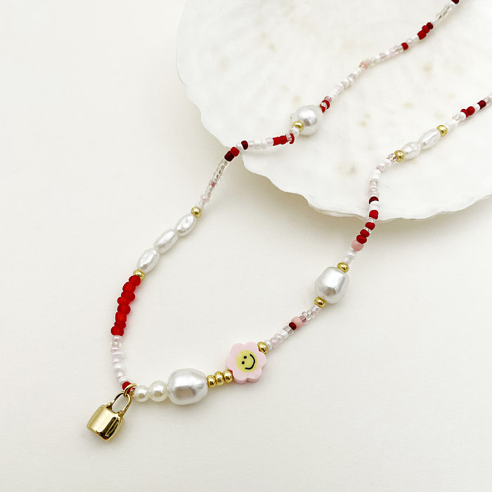 Cute Pastoral Smiley Face Flower Lock Stainless Steel Beaded Imitation Pearl Plating Gold Plated Bracelets Necklace