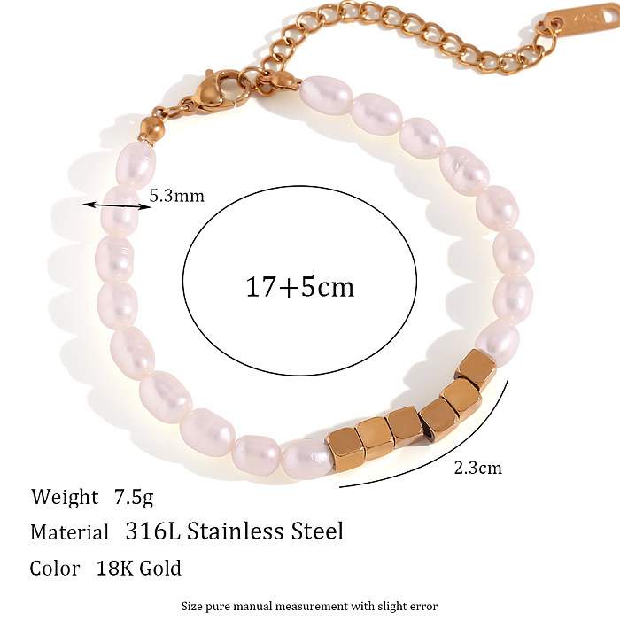 Collar de pulseras chapado en oro de 18 quilates con cuentas de perlas de agua dulce de acero inoxidable cuadrado de estilo clásico