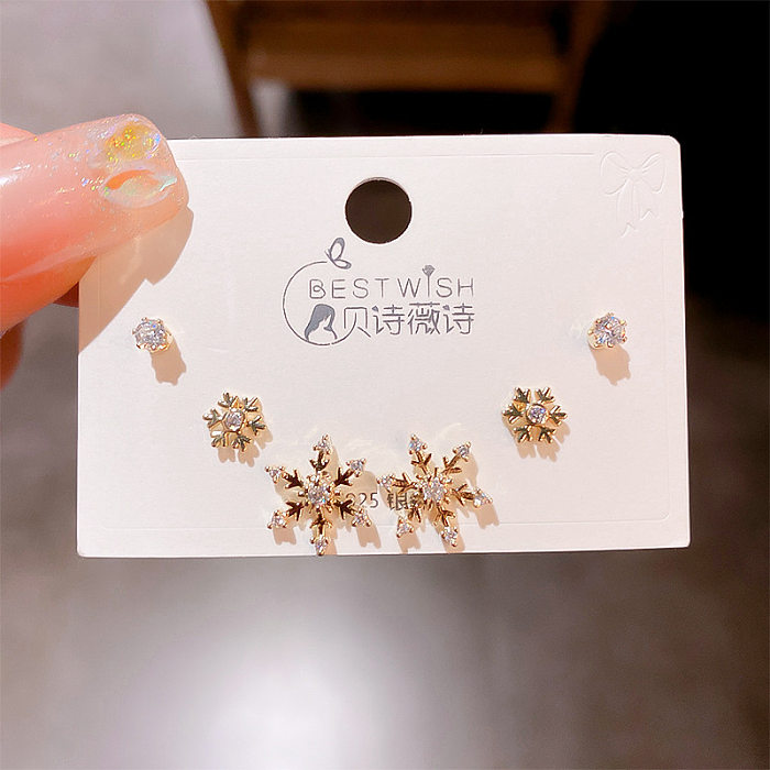 Sweet Round Butterfly Snowflake Copper Plating Inlay Zircon Ear Studs 1 Set