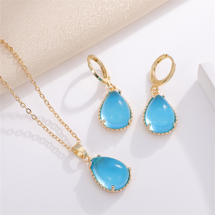 Casual Sweet Simple Style Geometric Water Droplets Copper Inlay Glass Earrings Necklace