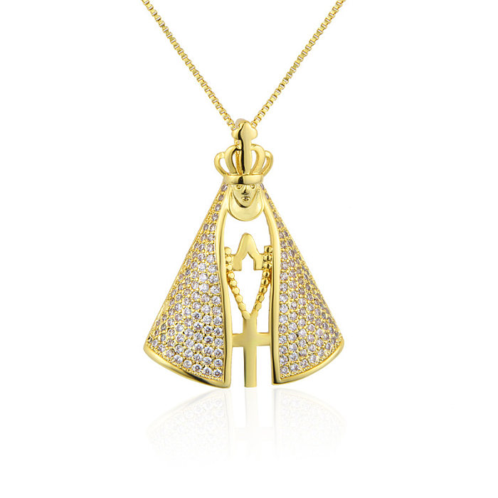 Fashion Cross Crown Shape Virgin Maria Pendant Inlaid Zircon Copper Necklace Wholesale