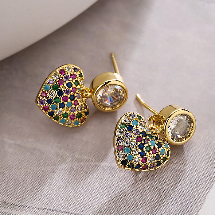 1 Pair Sweet Simple Style Heart Shape Plating Inlay Copper Zircon 18K Gold Plated Drop Earrings
