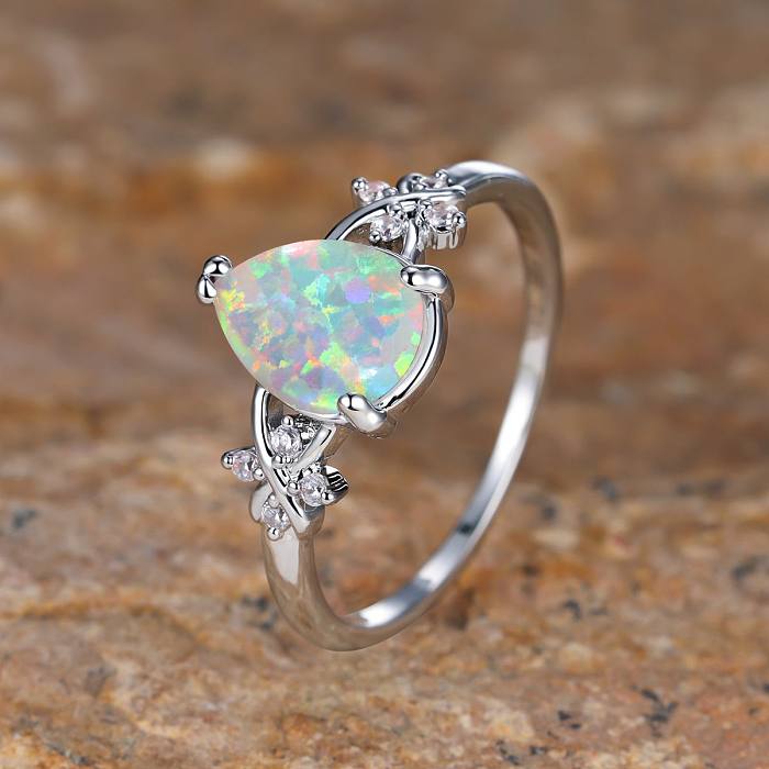 Simple Style Water Droplets Copper Inlay Opal Zircon Rings