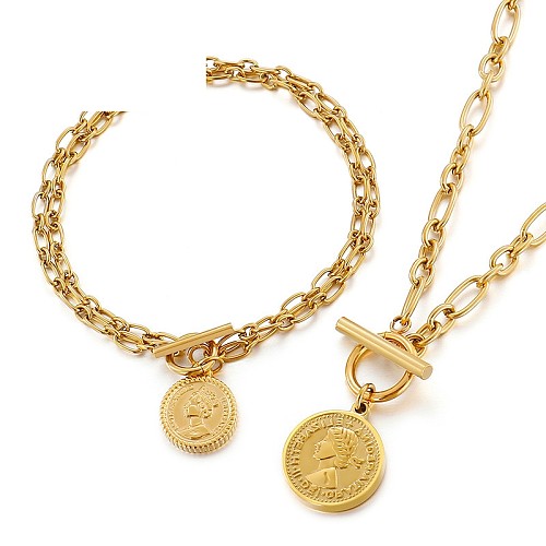 Conjunto de joyería con colgante de moneda, cadena de doble capa, estilo Hip-hop europeo y americano, venta al por mayor