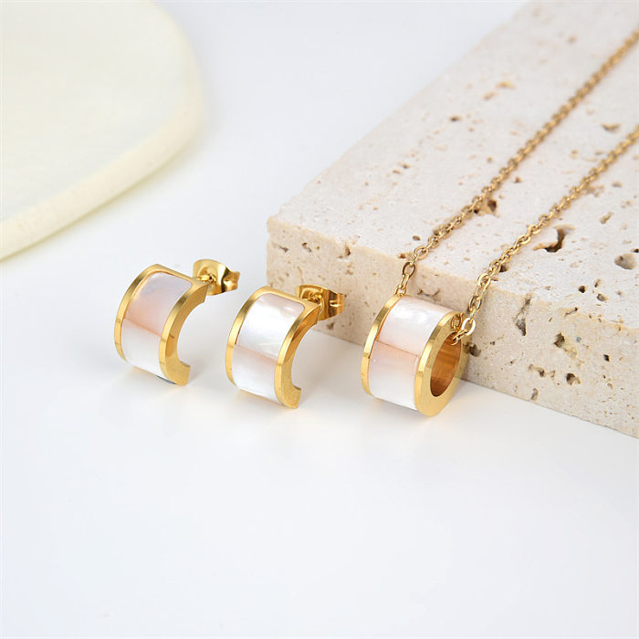 Elegant French Style C Shape Stainless Steel Inlay Shell Earrings Necklace